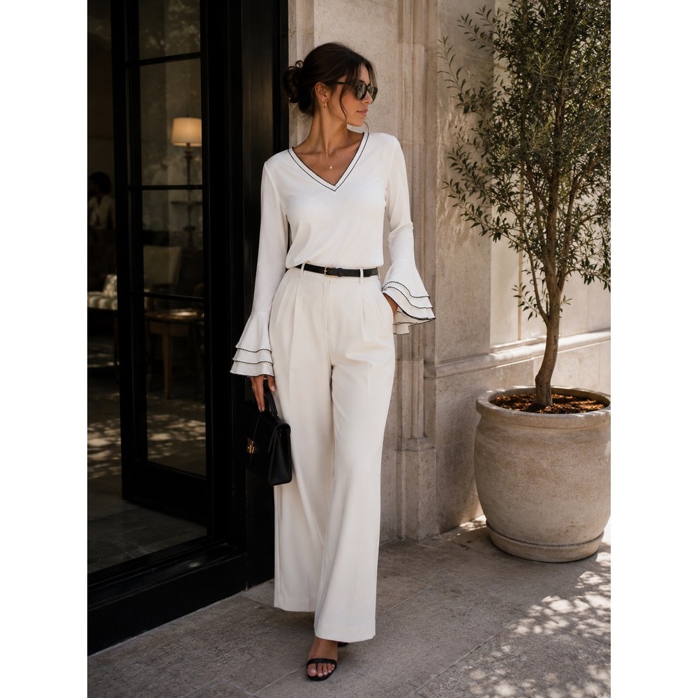 White House Black Market Ric Rac Trim Tiered Bell Sleeve V-Neck Blouse White 10 - Picture 1 of 8
